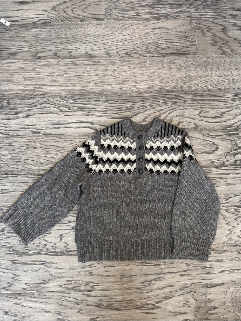 Zara Gray Crewneck Cardigan Sweater with Black and White Fair Isle Yoke